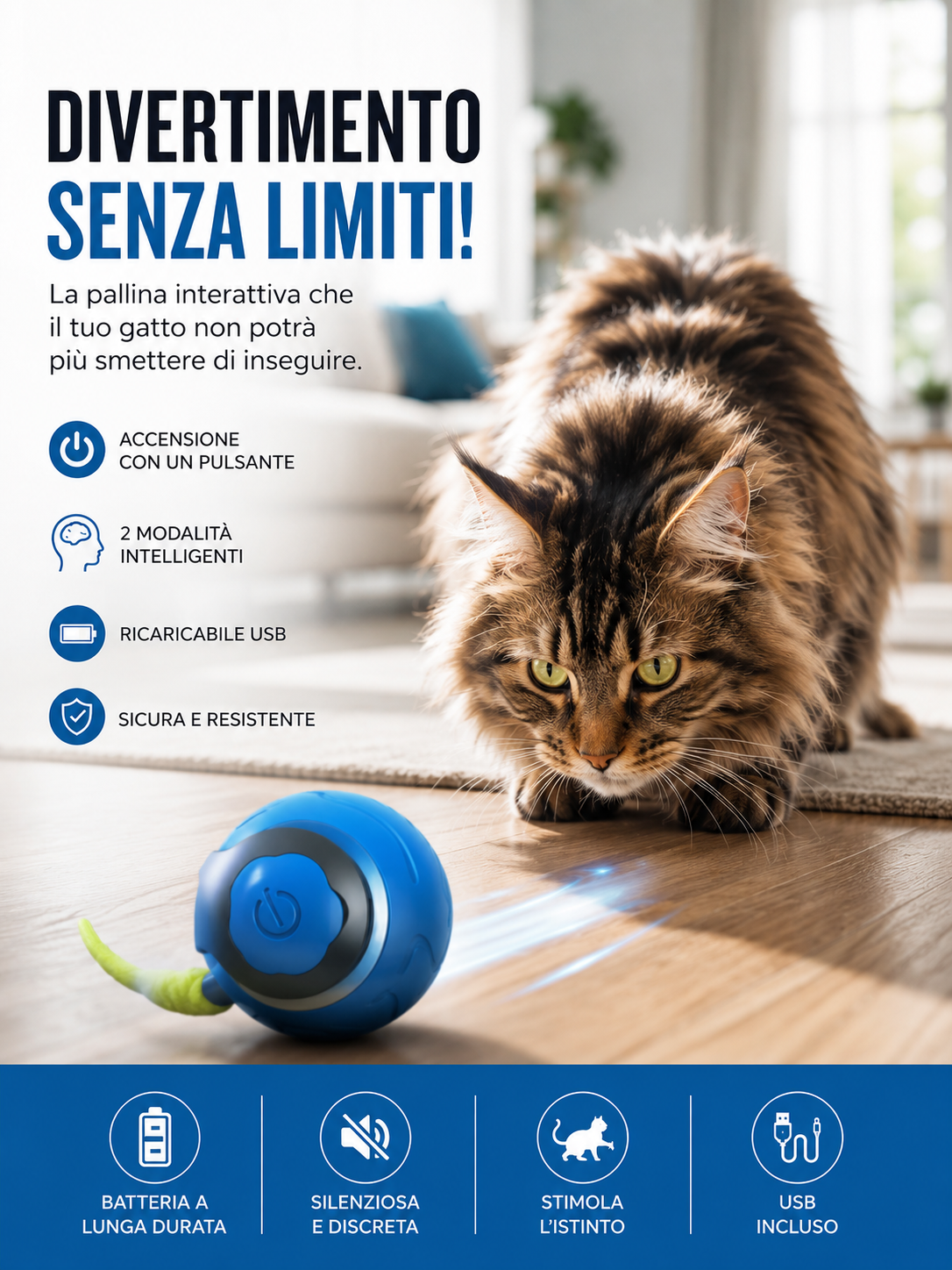 Pallina Smart Interattiva per Gatti – USB Ricaricabile