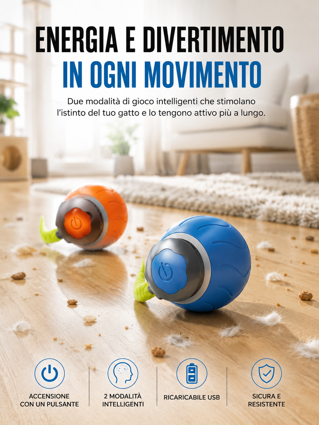 Pallina Smart Interattiva per Gatti – USB Ricaricabile