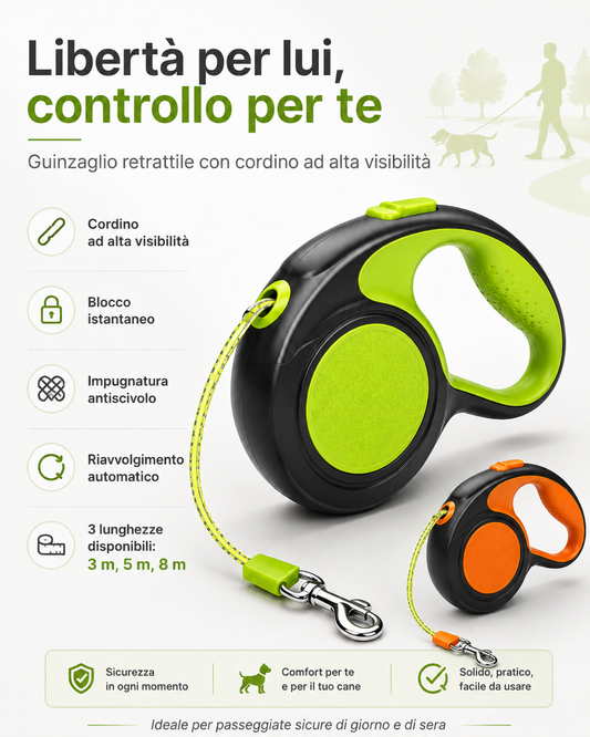 Guinzaglio Retrattile Riflettente per Cani – 3m, 5m e 8m